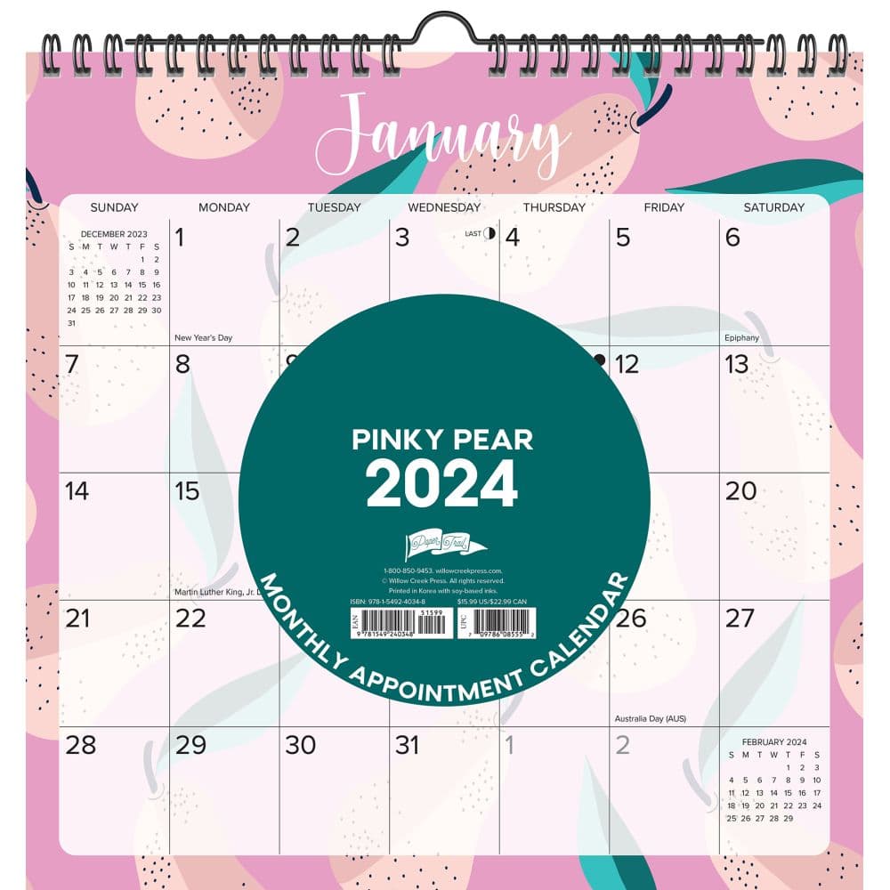 Pinky Pear Spiral 2024 Wall Calendar